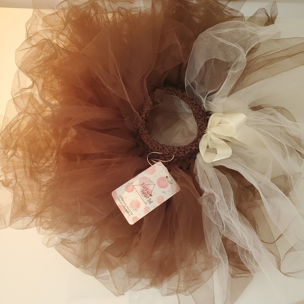 Tutu World Girls Brown Cream Tulle Tutu Skirt Crochet Waist Satin Bow Size 5-6